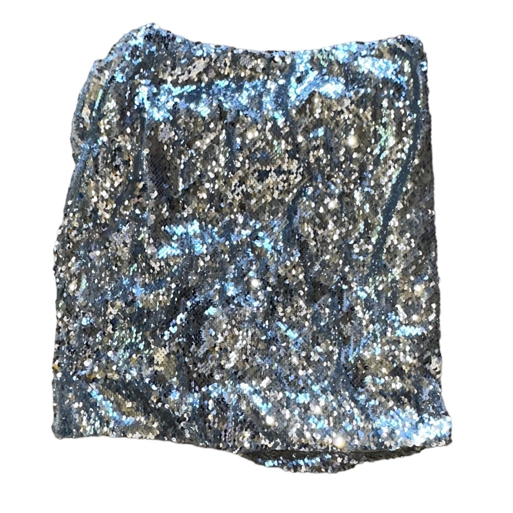 Sequin Micro Mini Skirt Silver Size 12 Ruched Metallic OW Collection $128 NEW - Picture 7 of 11